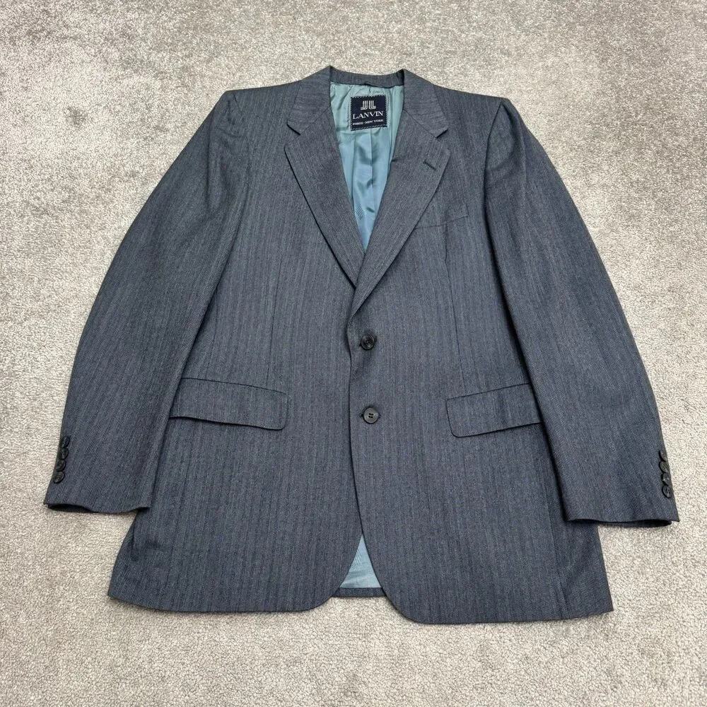 Lanvin Barneys NY Virgin Wool Suit Blazer Jacket Men Gray Herringbone Notch Work